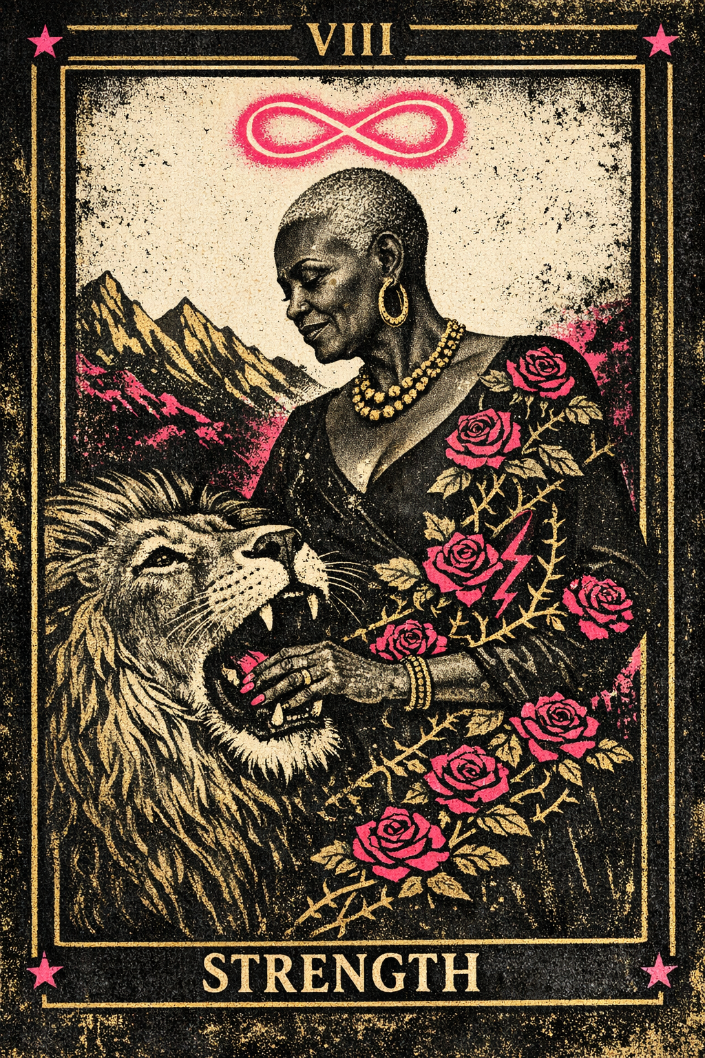 A woman in a white dress gently holding a lion beside roses, with mountains behind her and an infinity symbol above her head.