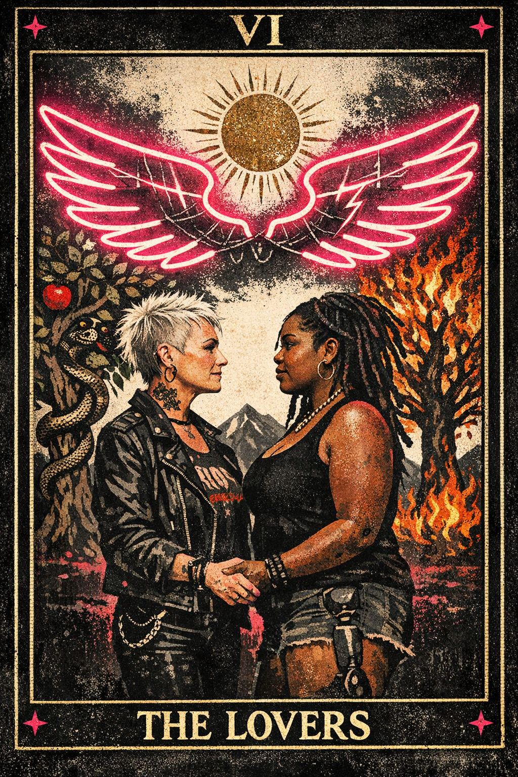 A tarot card showing two figures beneath an angel, with a bright sun, a serpent in a tree, a flaming tree and a mountain behind them.