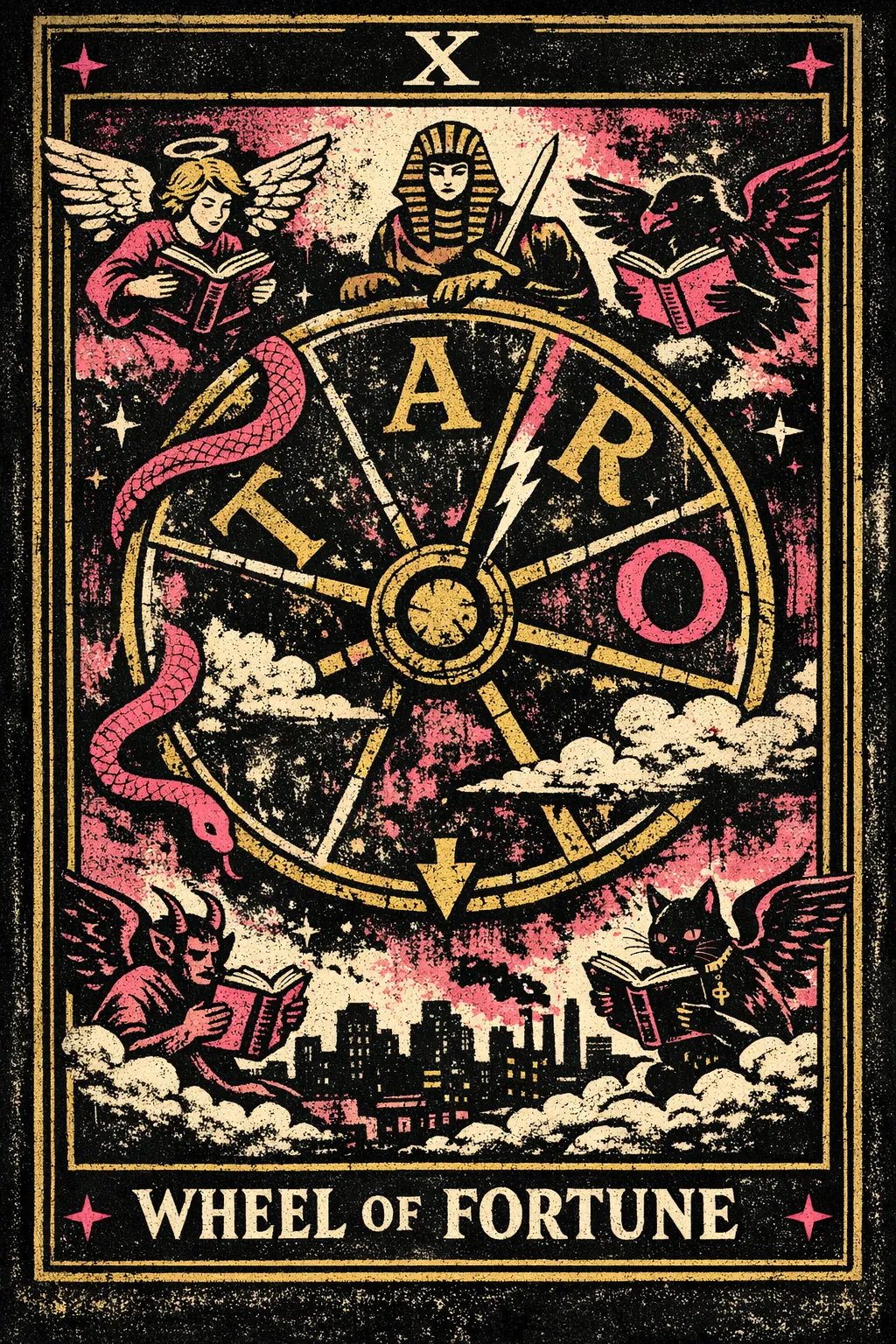 A mystical tarot wheel marked with letters, surrounded by a sphinx, snake, Anubis and four winged creatures against a dark celestial background.