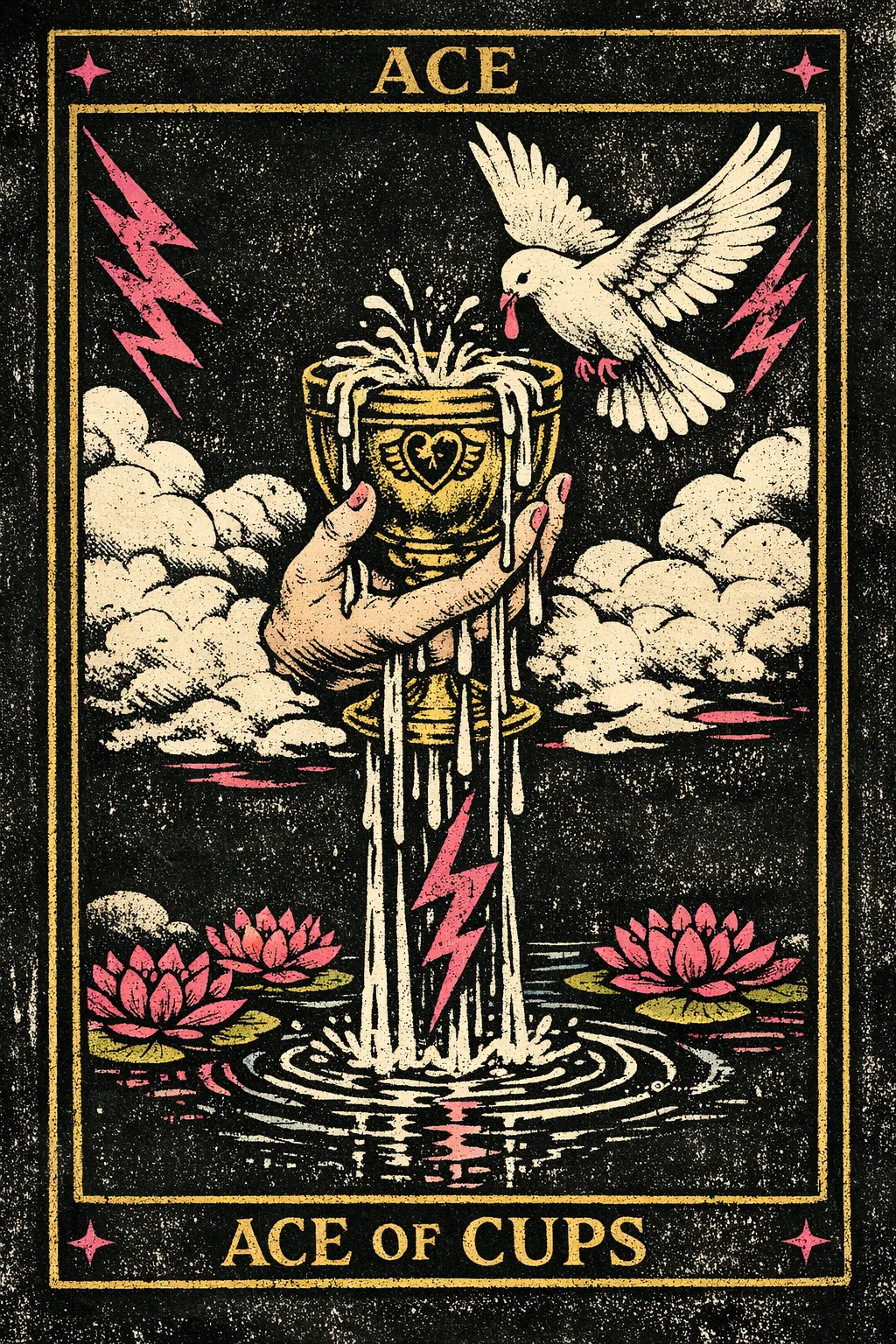 A hand emerging from a cloud holds an overflowing golden cup above a lotus pond, with a dove carrying a wafer overhead.