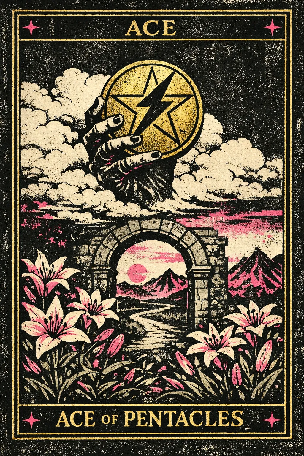 A hand emerging from a cloud holds a gold pentacle above a flowering garden path leading towards distant mountains.