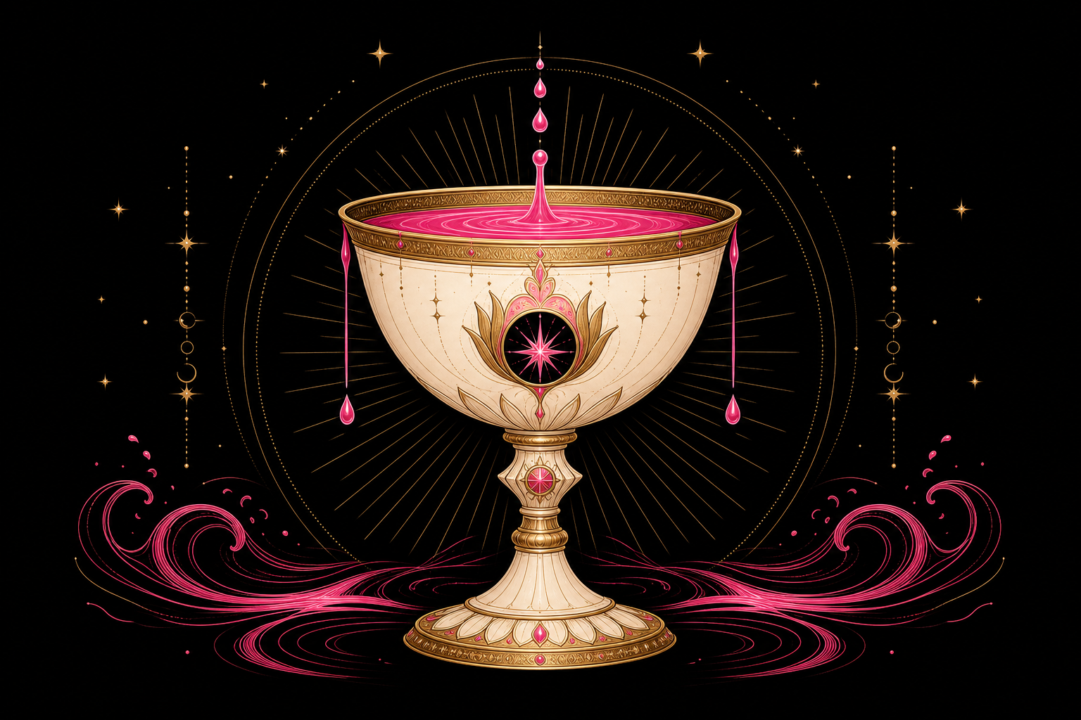 Ornate cream and gold chalice filled with hot-pink water on a black celestial background, representing the Suit of Cups.