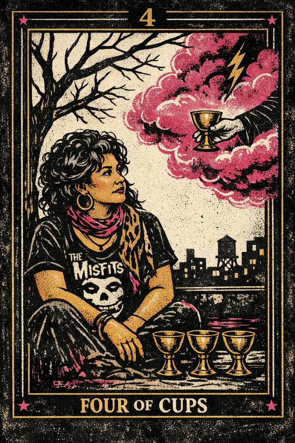 A thoughtful figure sits beneath a tree with three cups nearby while a fourth cup is offered from a cloud.