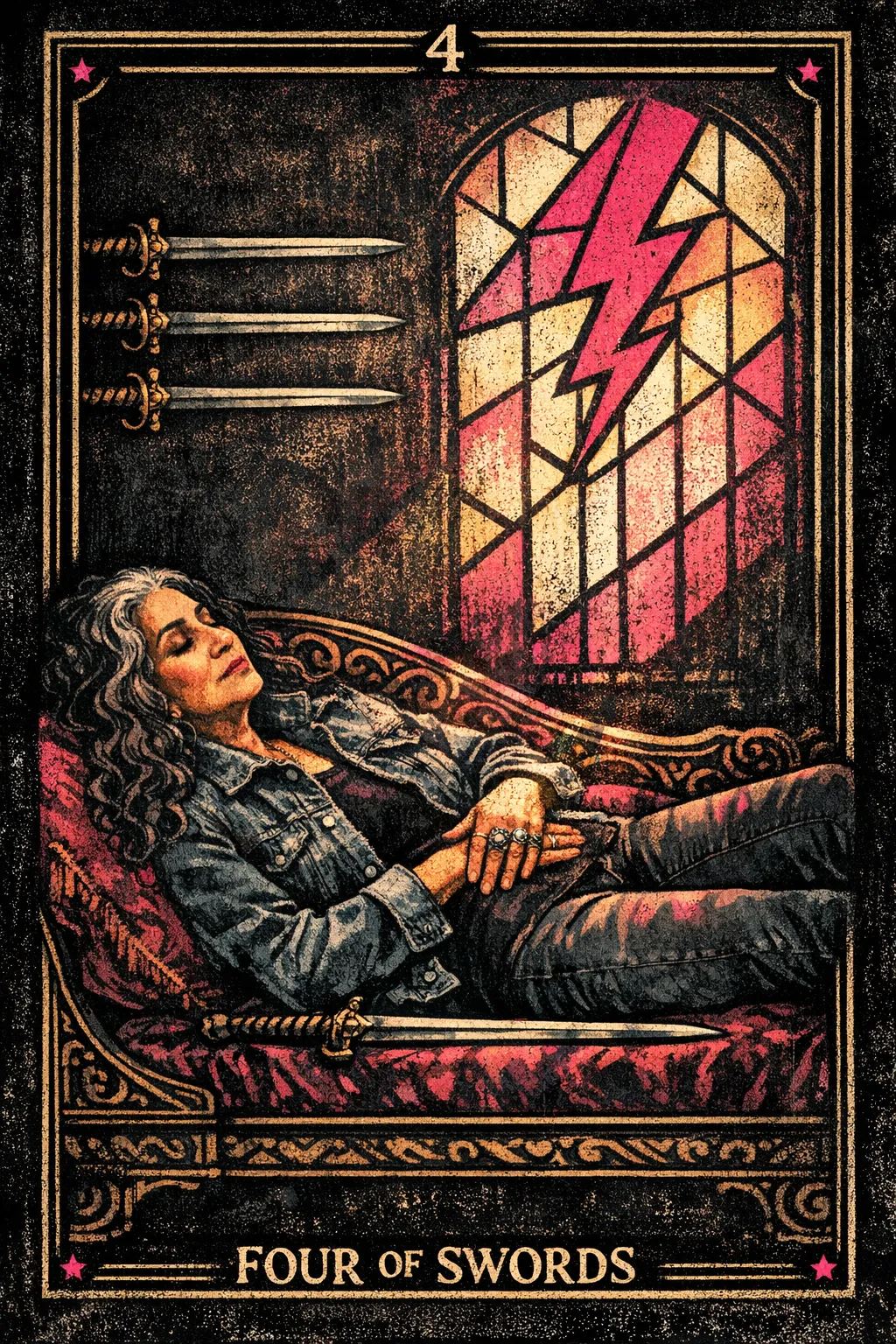 A resting figure lies on a carved tomb beneath three swords, with a fourth sword below and stained glass in the background.