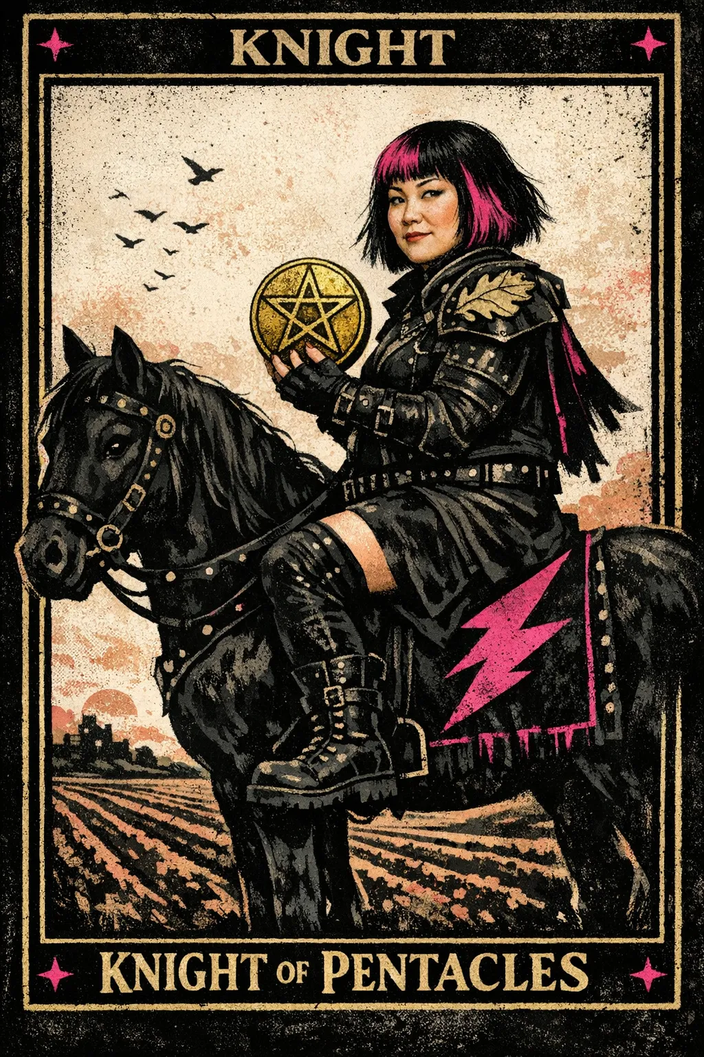 A still knight in dark armour sits on a dark horse, holding a gold pentacle above ploughed fields and oak leaves.