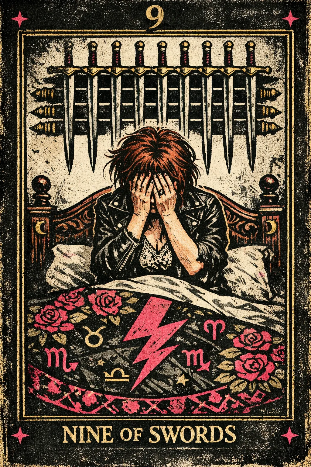 A distressed figure sits upright in bed beneath nine swords mounted on a dark wall, covered by a patterned quilt.