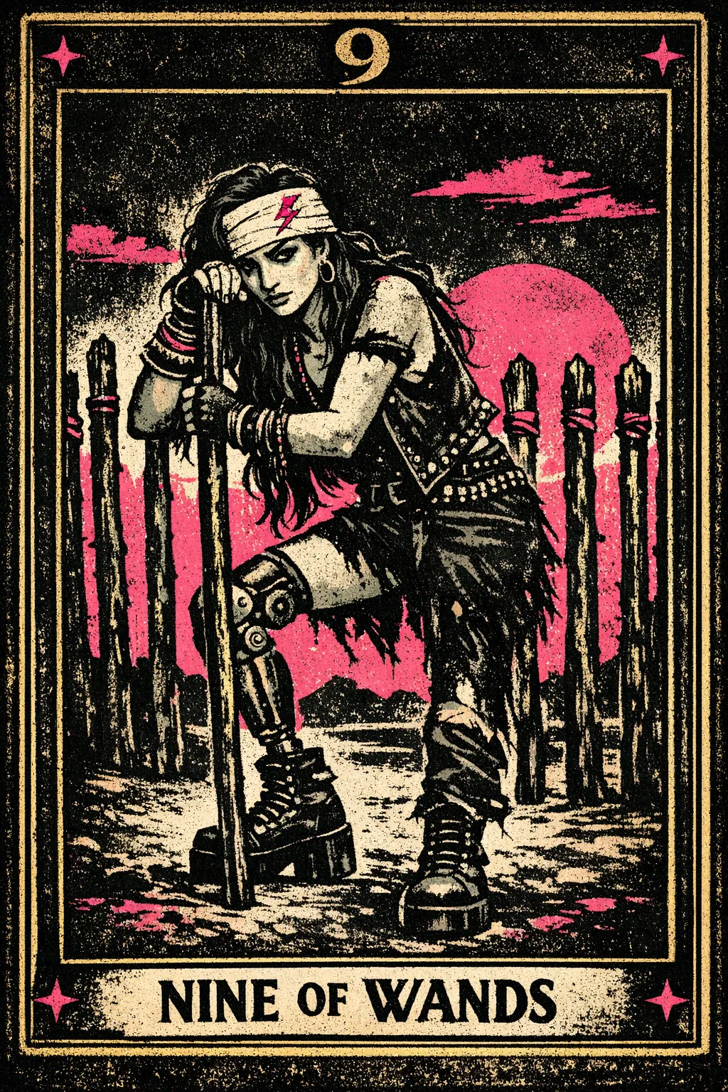 A weary bandaged figure holds a wand defensively while eight upright wands stand behind them against a pale sky.