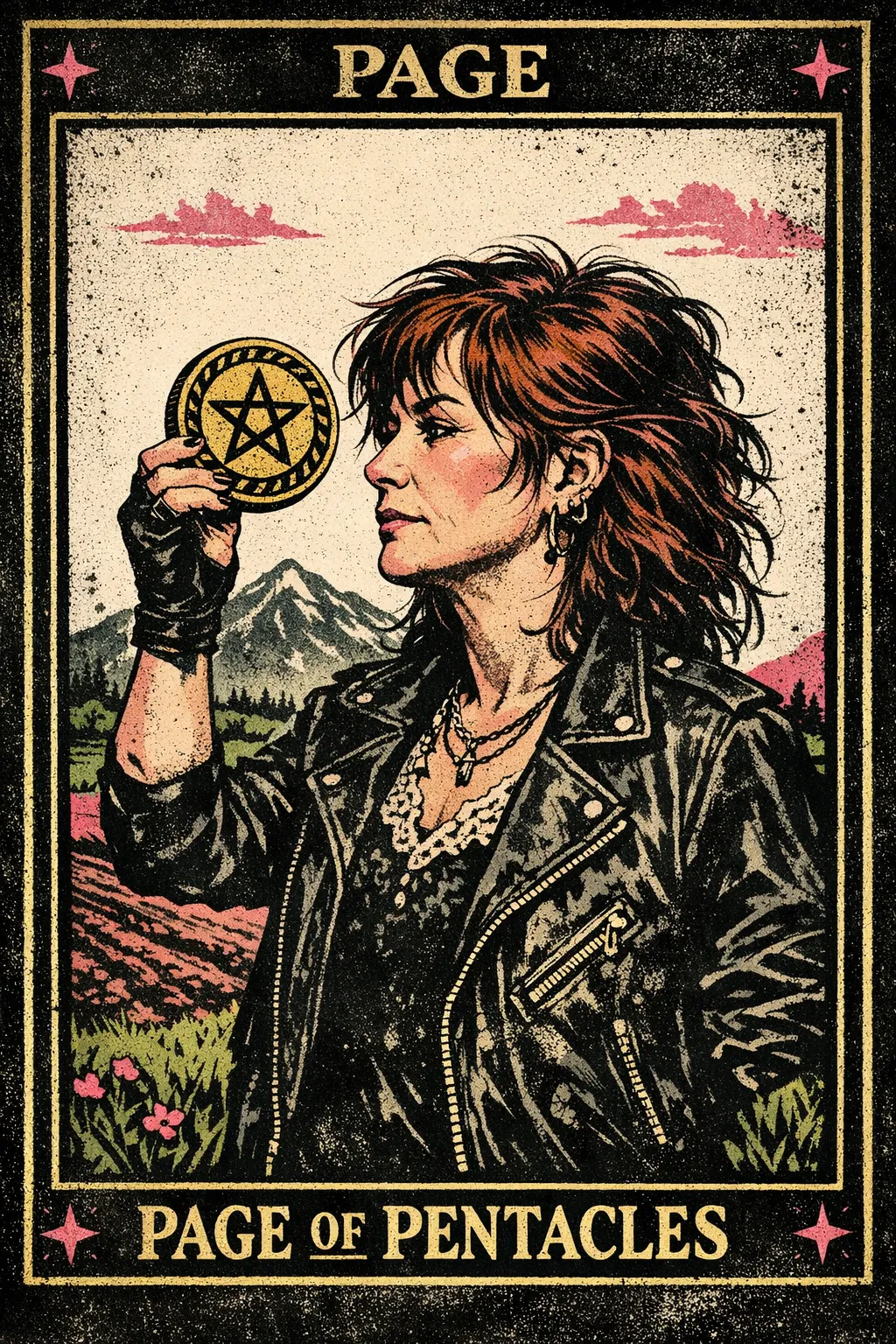 A young figure standing in a green field, thoughtfully holding a golden pentacle, with distant mountains and ploughed land behind them.