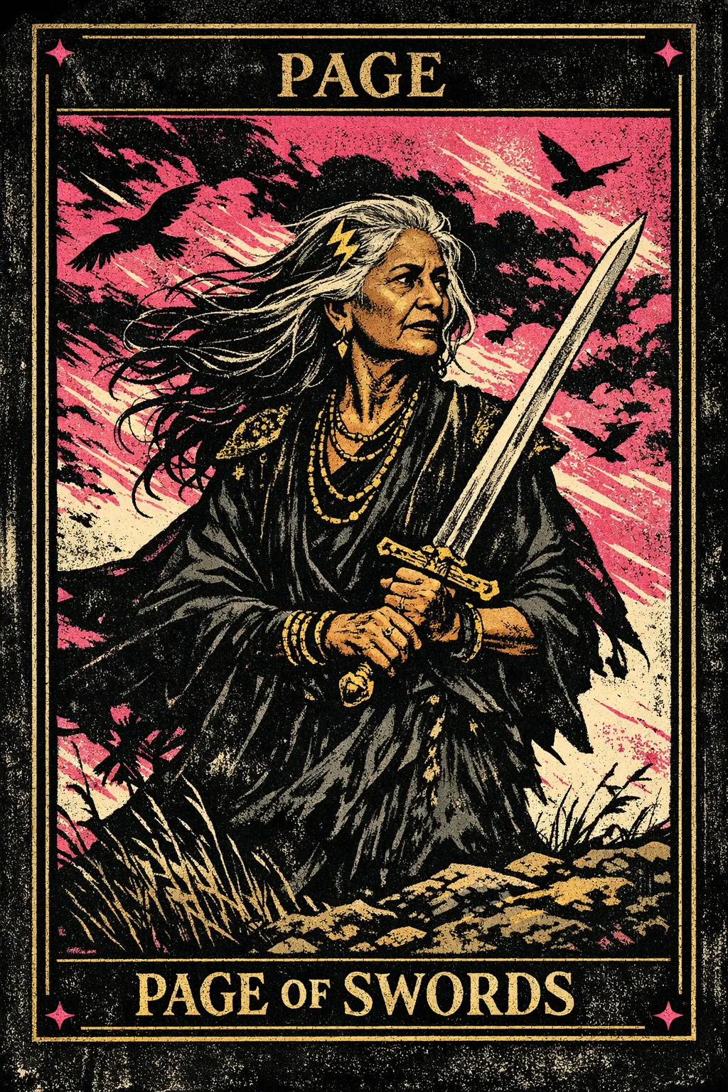 A young figure stands on uneven ground holding a raised sword as wind moves their hair beneath birds and cloudy skies.