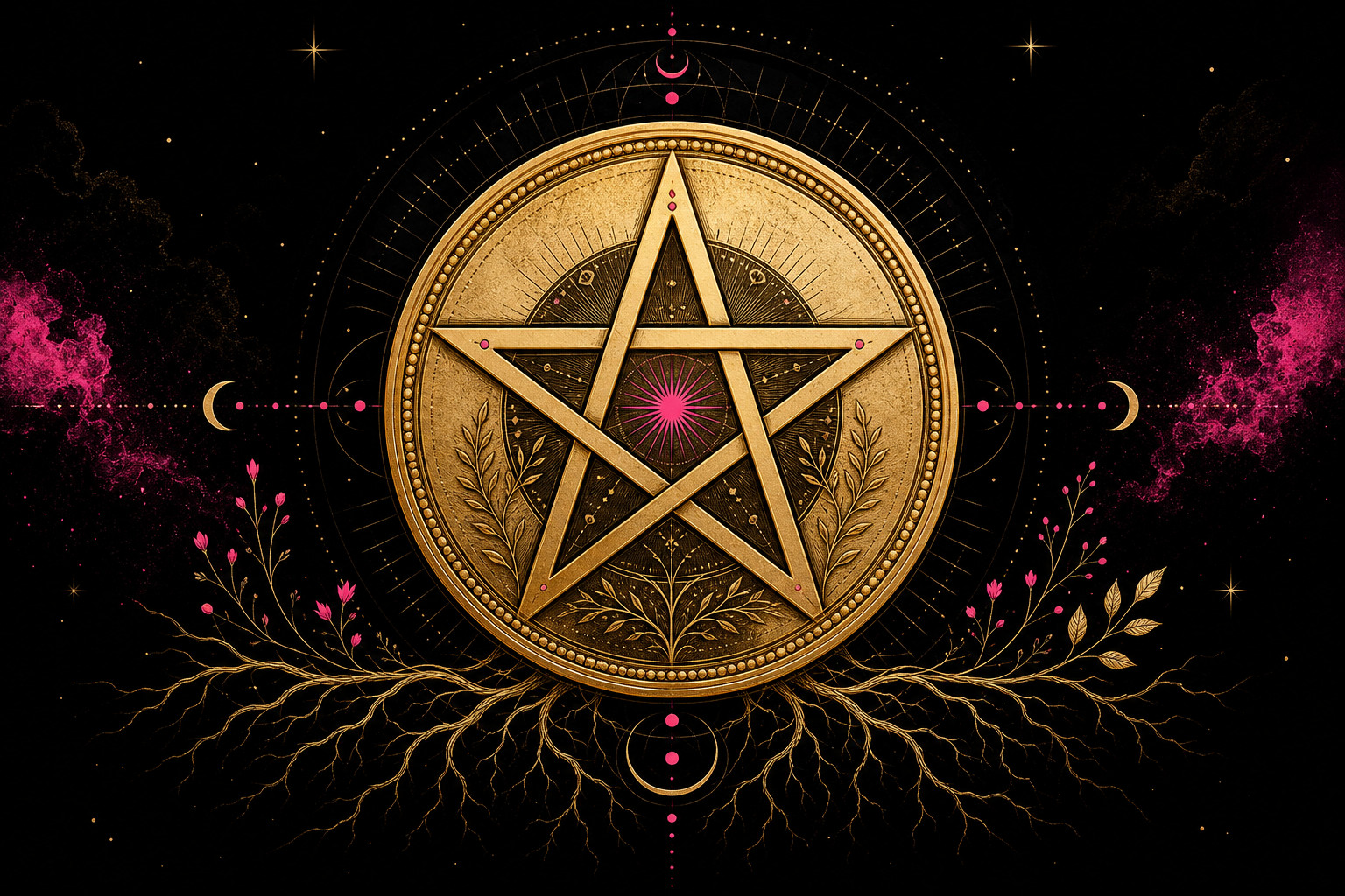 Large gold pentacle coin with a five-pointed star, roots and hot-pink botanical details on black, representing the Suit of Pentacles.