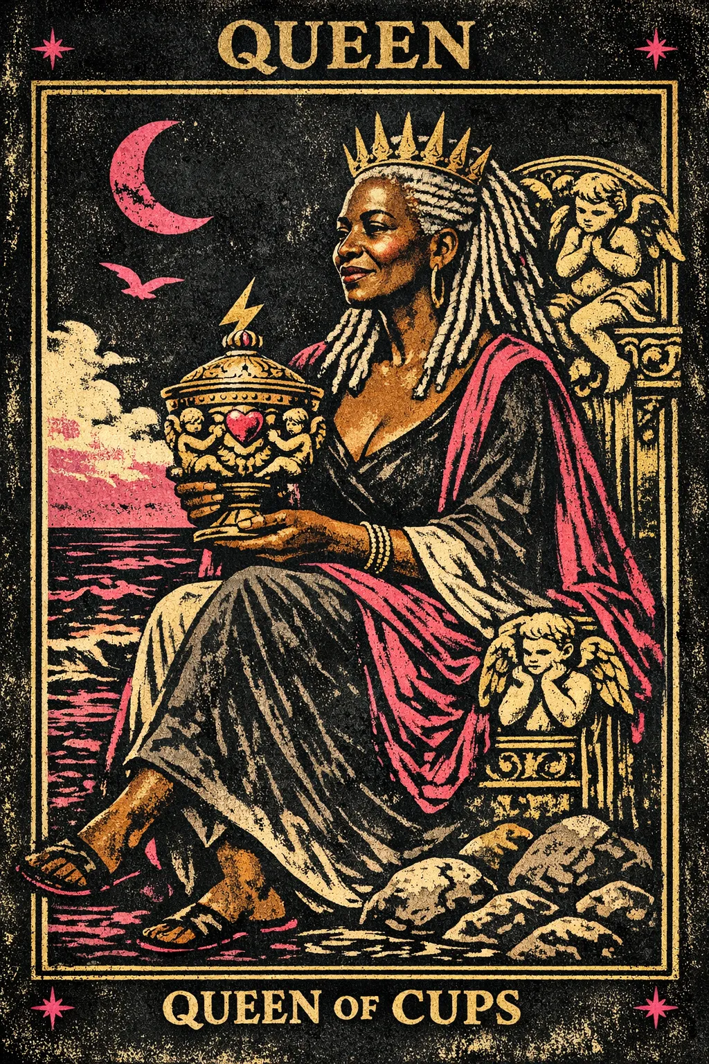 A crowned queen sits beside the sea holding an ornate closed cup, with carved cherubs and stones around her throne.