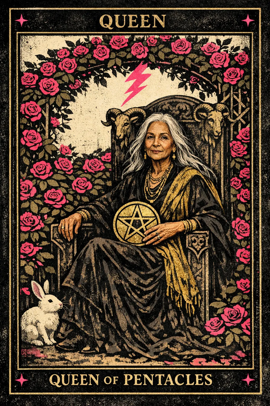 A regal Queen of Pentacles seated in a rose-filled garden, holding a golden pentacle with a rabbit nearby and goat motifs on her throne.