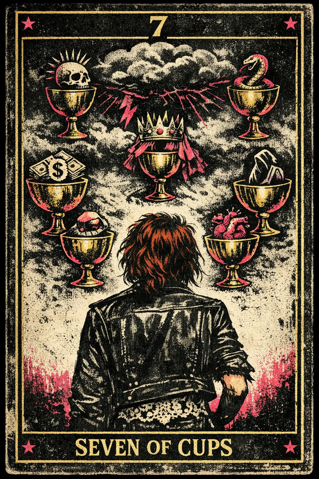 Seven golden cups floating in clouds, each holding a different tempting symbol including jewels, a castle, a dragon and a veiled figure.