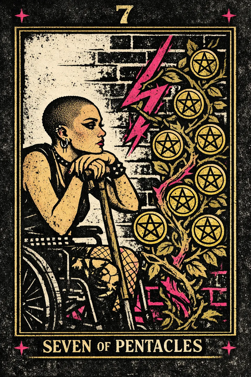 A thoughtful figure leaning on a garden tool while watching seven pentacles grow on a leafy vine