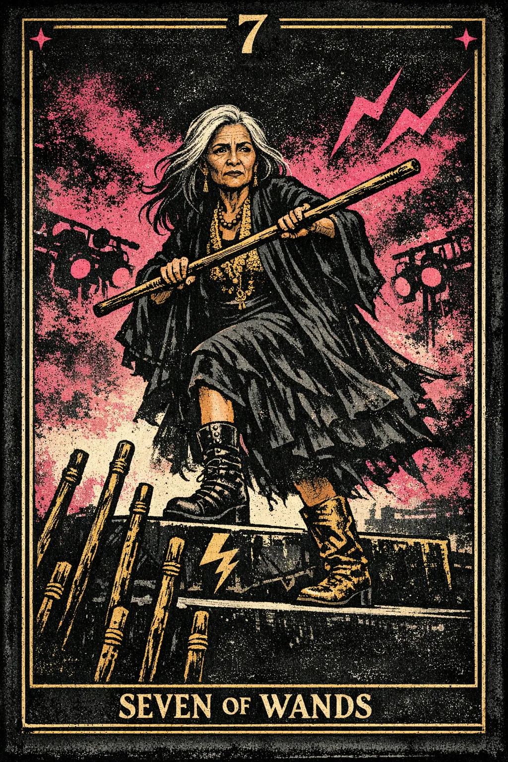 A determined figure standing on high ground, holding one wand against six wands raised below, wearing mismatched shoes.