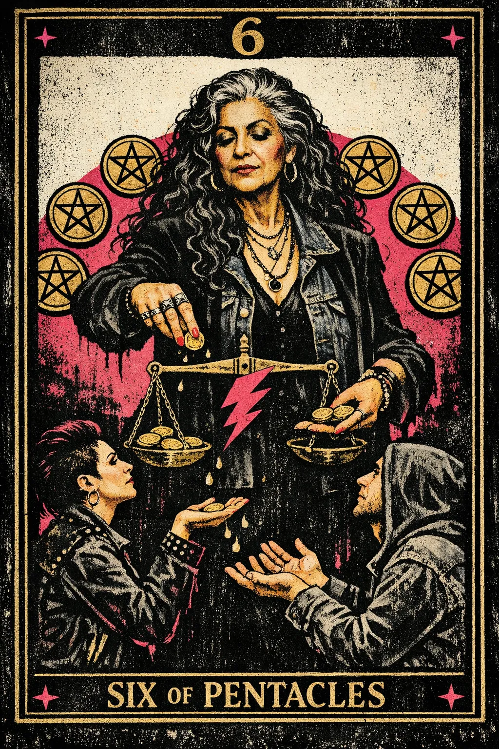 A well-dressed merchant holds balanced scales while offering coins to two kneeling figures beneath six pentacles.