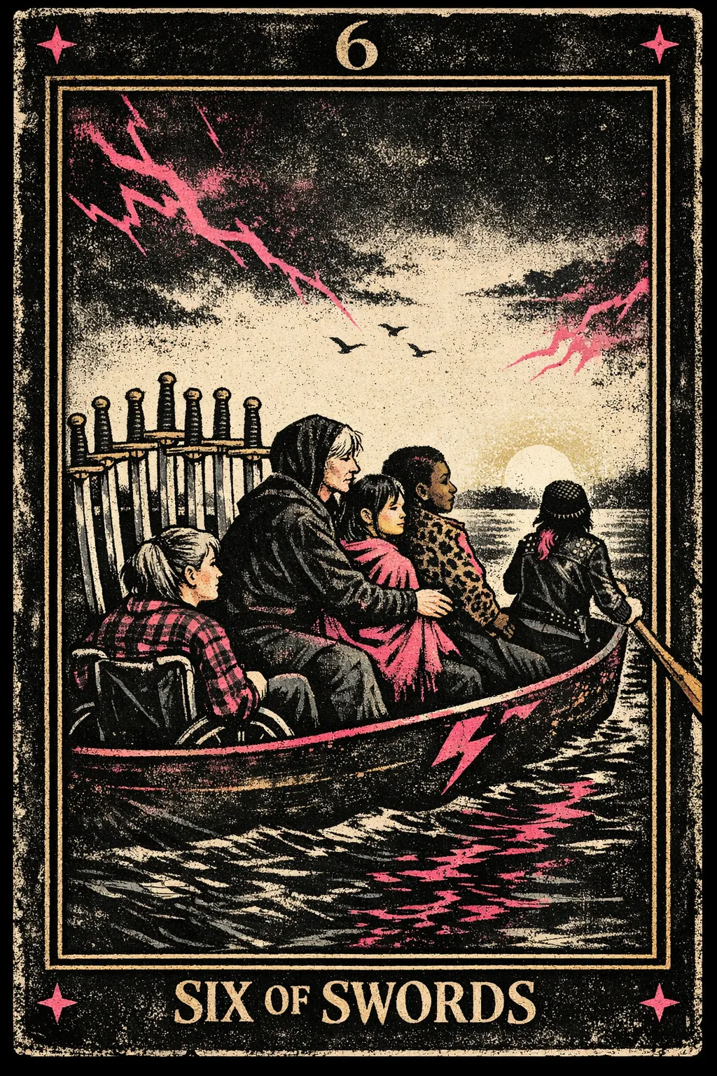 A small boat carries cloaked passengers and six upright swords across water towards a calmer distant shore.