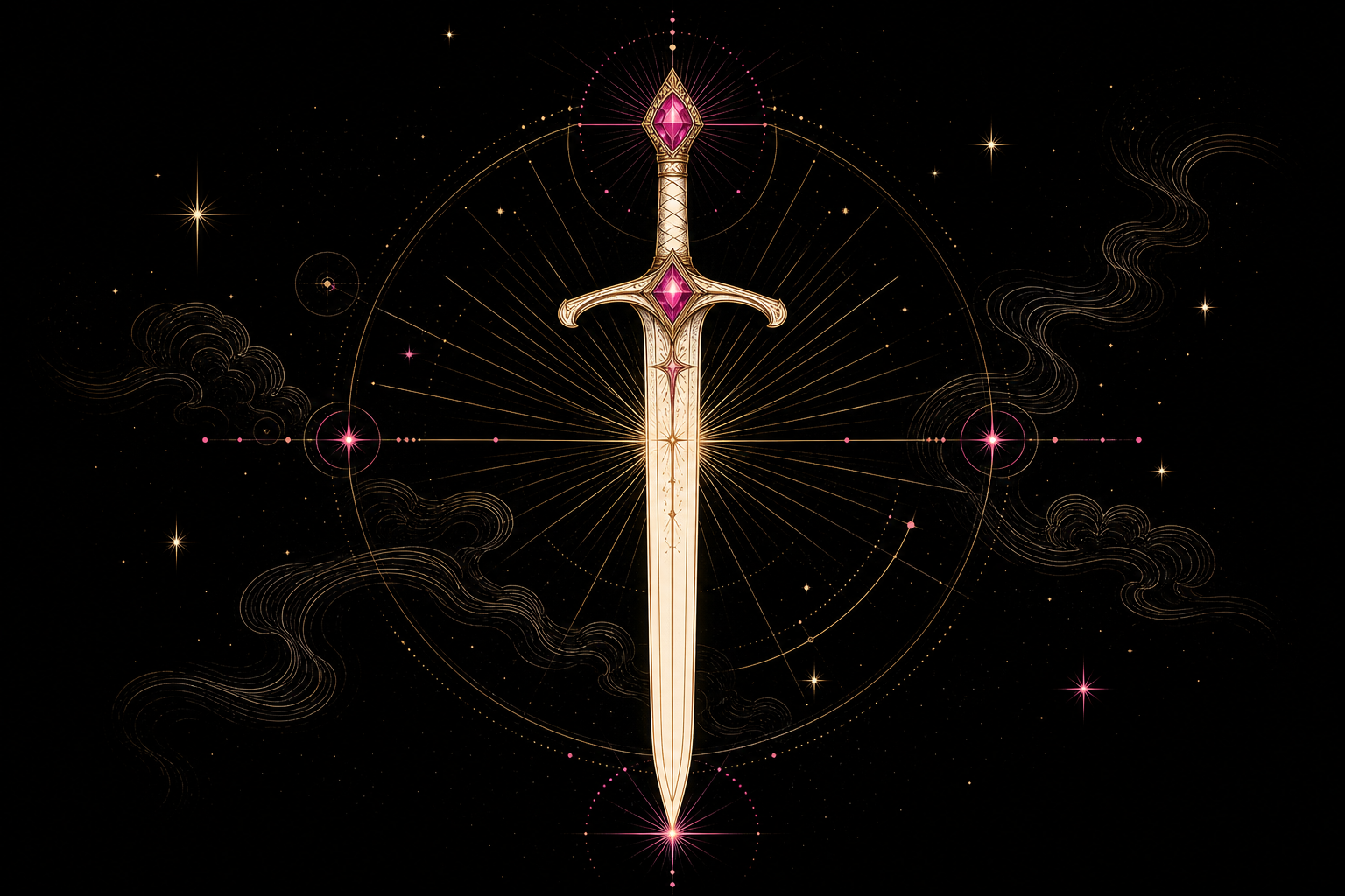 Upright cream and gold sword with hot-pink gems on a black celestial background, representing the Suit of Swords.