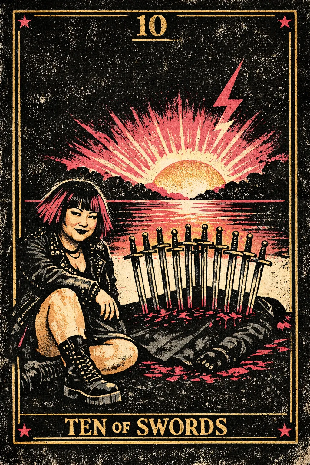 A figure lies beneath ten swords under a dark sky while a golden sunrise appears over calm water in the distance.