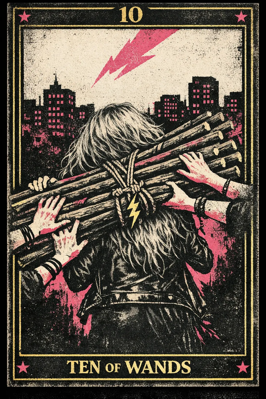 A weary figure carries ten long wooden wands towards a distant town, with their view largely blocked by the heavy bundle.