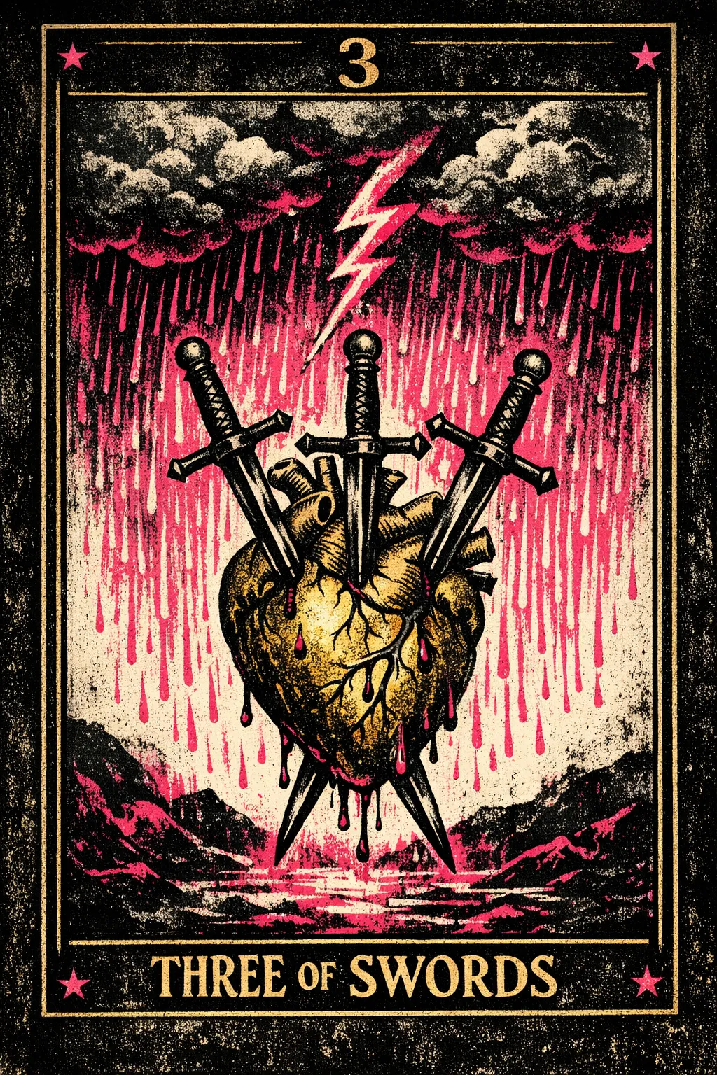 A red heart pierced by three silver swords beneath dark rain clouds in a stormy sky.