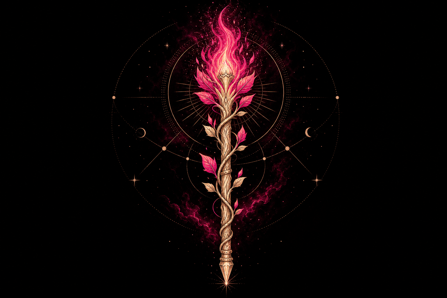 Flowering cream and gold wand crowned with a hot-pink flame on a black celestial background, representing the Suit of Wands.